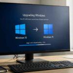 Monitor wyświetla ekran aktualizacji systemu Windows 10 do Windows 11 przy biurku z klawiaturą