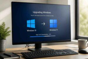 Monitor wyświetla ekran aktualizacji systemu Windows 10 do Windows 11 przy biurku z klawiaturą