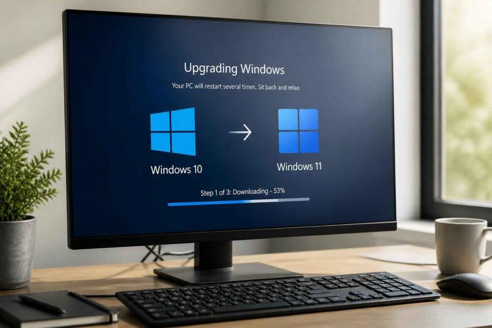 Monitor wyświetla ekran aktualizacji systemu Windows 10 do Windows 11 przy biurku z klawiaturą