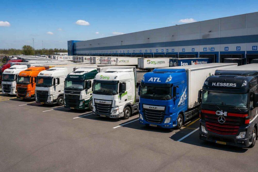 Rząd kolorowych ciężarówek zaparkowanych przed dużym centrum logistycznym w słoneczny dzień
