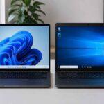 Dwa laptopy stojące obok siebie, z ekranami wyświetlającymi pulpity Windows 11 i Windows 10