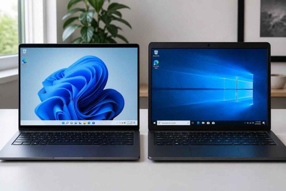 Dwa laptopy stojące obok siebie, z ekranami wyświetlającymi pulpity Windows 11 i Windows 10