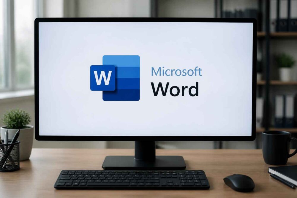 Monitor z logo Microsoft Word, klawiaturą i myszą na biurku