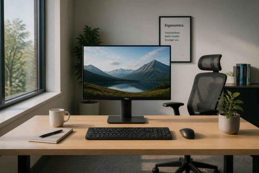 Biurko z monitorem pokazującym górski krajobraz, ergonomicznym fotelem, klawiaturą i rośliną doniczkową
