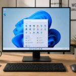 Monitor z otwartym menu Start systemu Windows 11, klawiatura i mysz na drewnianym biurku