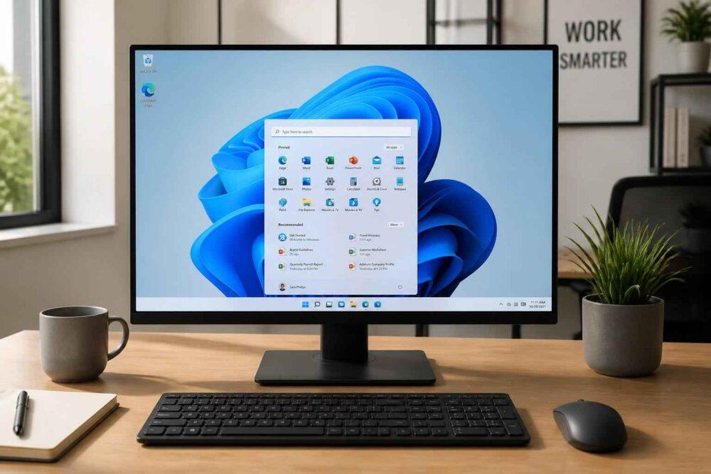 Monitor z otwartym menu Start systemu Windows 11, klawiatura i mysz na drewnianym biurku