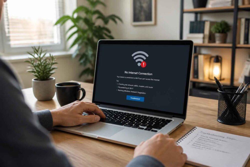 Laptop wyświetla komunikat o braku połączenia z internetem przy biurku z dokumentami i kubkiem kawy