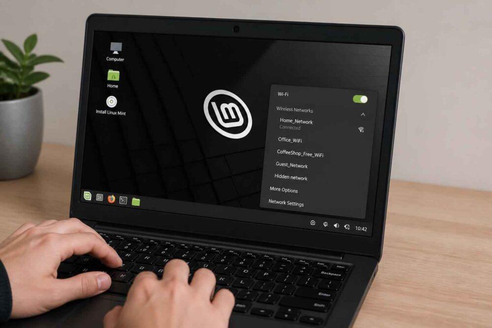 Laptop z logo Linux Mint i otwartym menu ustawień, obsługiwany przez dłonie użytkownika