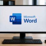 Monitor wyświetlający logo Microsoft Word na biurku z klawiaturą i myszką