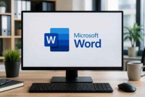 Monitor wyświetlający logo Microsoft Word na biurku z klawiaturą i myszką
