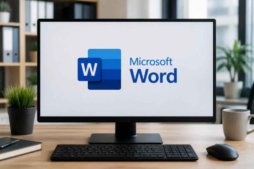 Monitor wyświetlający logo Microsoft Word na biurku z klawiaturą i myszką