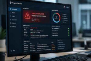 Monitor z panelem Endpoint Security i komunikatem o wykrytym zagrożeniu rootkitem
