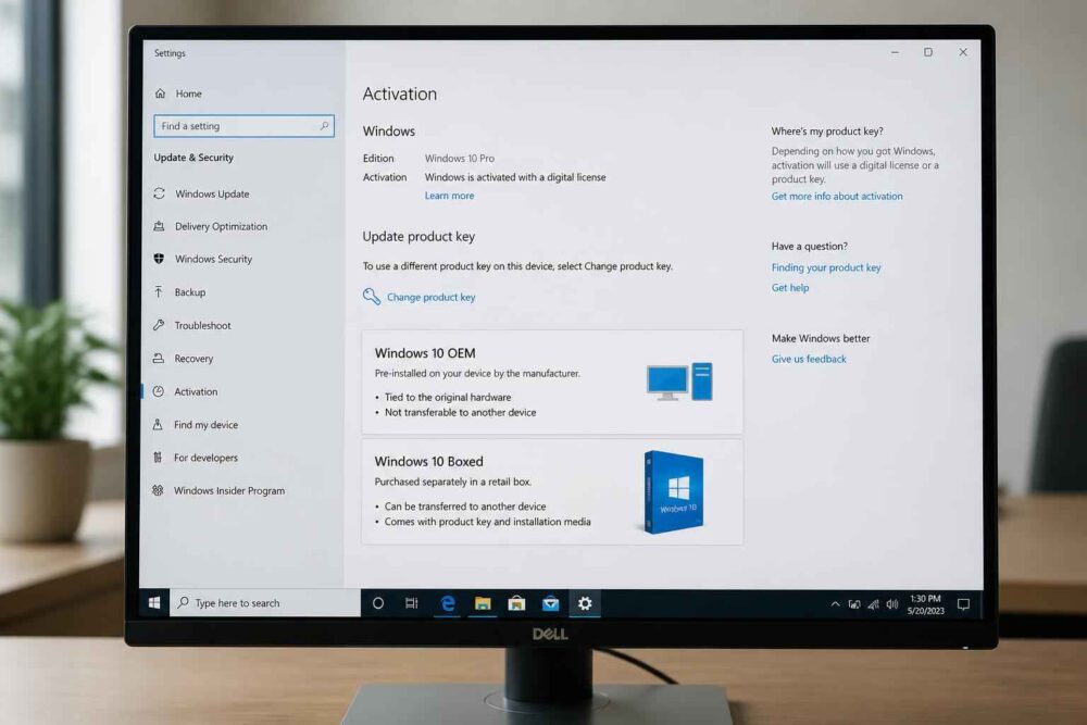 Monitor Dell wyświetla stronę ustawień systemu Windows 10 z informacjami o systemie i aktualizacjach