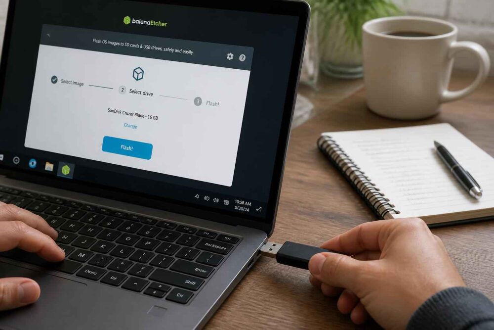 Podłączanie pendrive’a do laptopa Dłonie podłączają pendrive do laptopa z wyświetlonym ekranem instalacji systemu Linux
