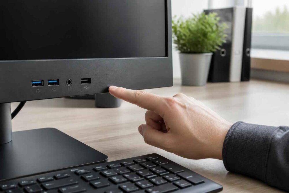 Dłoń wskazuje porty USB na przednim panelu komputera przy biurku