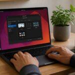 Dłonie na klawiaturze laptopa z systemem Linux, obok roślina doniczkowa i kubek z napisem Linux Everything