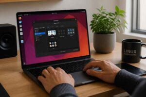 Dłonie na klawiaturze laptopa z systemem Linux, obok roślina doniczkowa i kubek z napisem Linux Everything