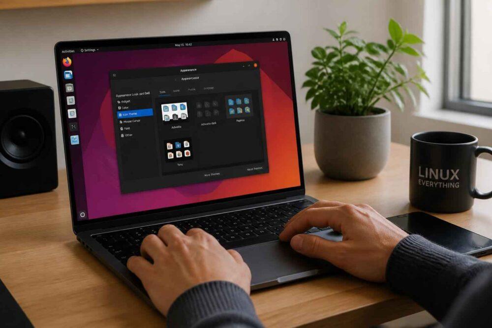 Dłonie na klawiaturze laptopa z systemem Linux, obok roślina doniczkowa i kubek z napisem Linux Everything