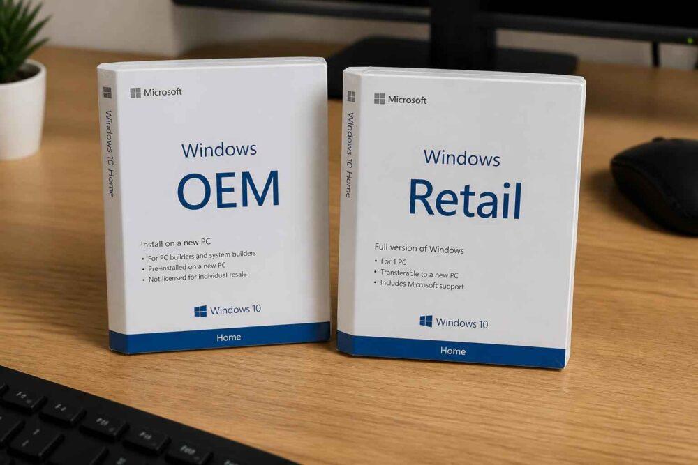 Dwa pudełka z licencjami Windows OEM i Retail na drewnianym biurku