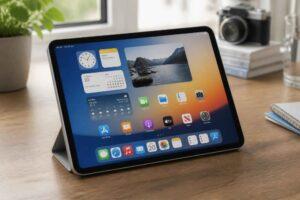 Tablet ustawiony na biurku, z widocznym ekranem głównym i ikonami aplikacji