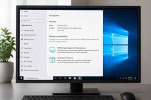 Monitor wyświetla ustawienia aktywacji systemu Windows 10 na pulpicie komputera stacjonarnego