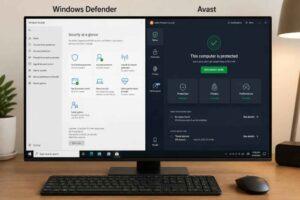 Ekran monitora z otwartymi programami Windows Defender i Avast na biurku z klawiaturą i myszą